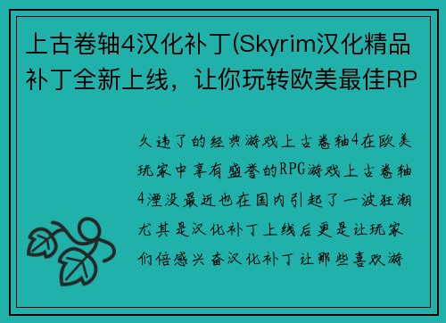 上古卷轴4汉化补丁(Skyrim汉化精品补丁全新上线，让你玩转欧美最佳RPG游戏)